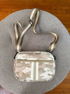 Haute Shore Beige Camo Crossbody Bag with Striped Strap